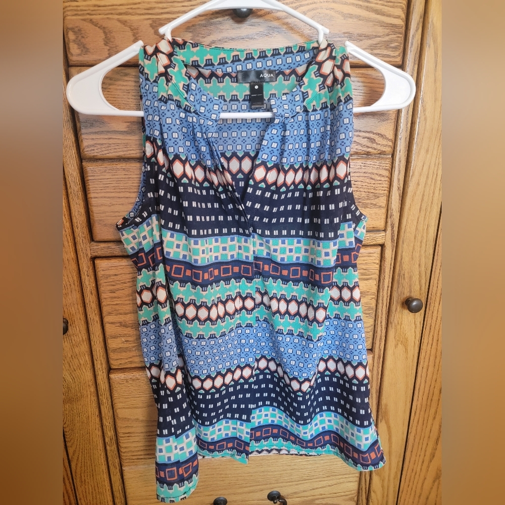 Aqua Patterned Sleeveless Blouse